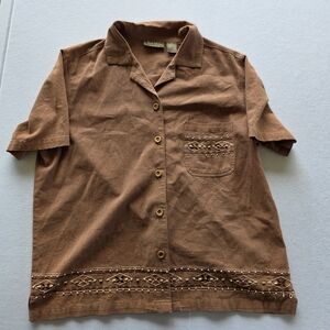 Jane Ashley Chocolate Button Down Shirt with Embroidery & Beads